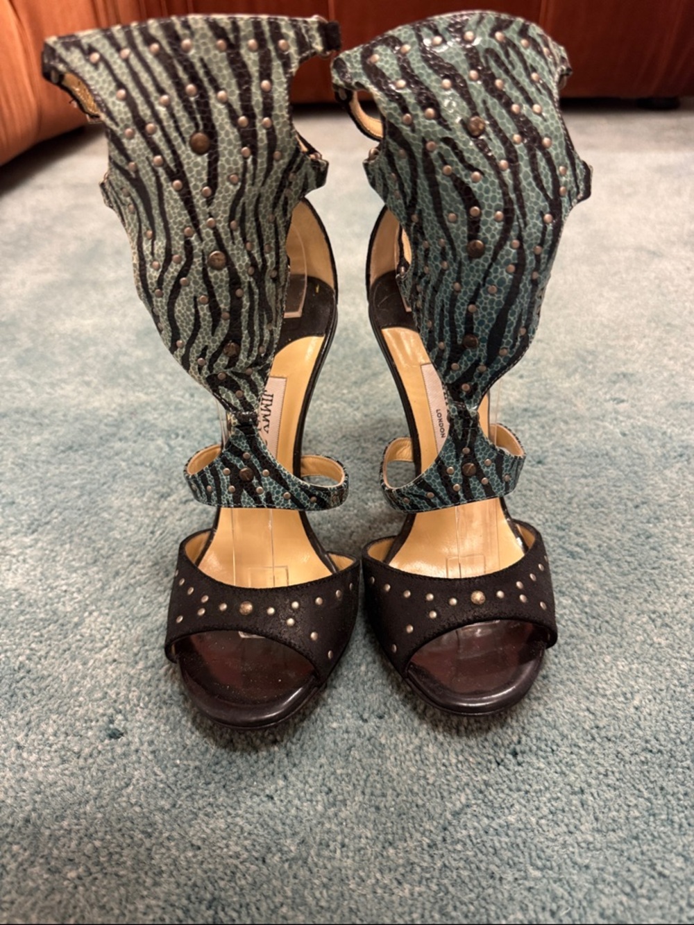 Jimmy Choo Black and Teal Studded High-Heel Sandals